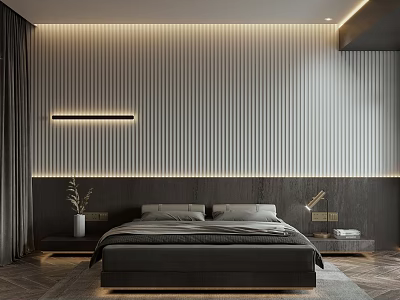 Modern Bedroom Interior Design With Vertical Striped Accent Wall Ambient Lighting Large Bed And Nightstands 3d model