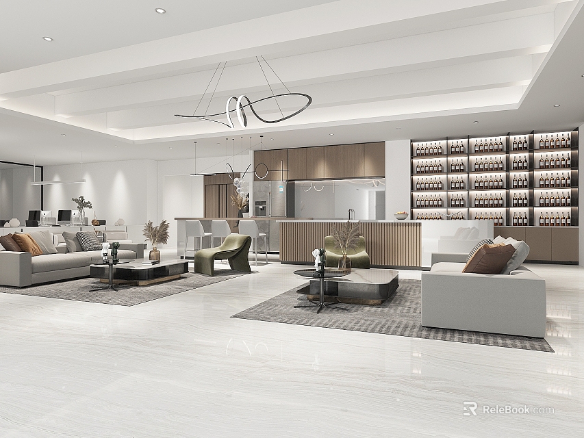 Elegant Modern Tea Room Interior Design With Sofa Coffee Table Hanging Lamp And Wine Rack 3d model 