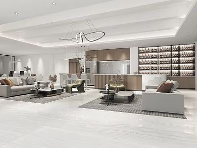 Elegant Modern Tea Room Interior Design With Sofa Coffee Table Hanging Lamp And Wine Rack 3d model