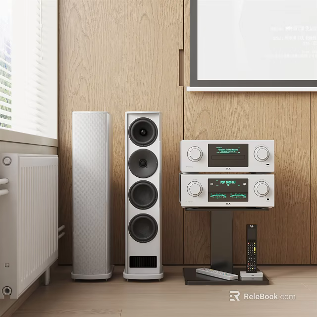 Modern Home Audio System With Floor Standing Speakers Amplifier Display Screen And Remote Control 3d model 