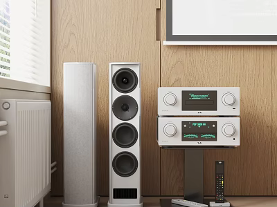 Modern Home Audio System With Floor Standing Speakers Amplifier Display Screen And Remote Control 3d model