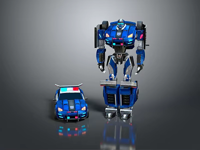 Blue Robot Figure Standing Next to Blue Police Car Toy Model 3d model
