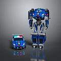 Blue Robot Figure Standing Next to Blue Police Car Toy Model