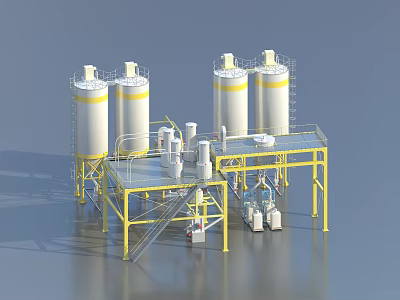 Industrial Equipment With Multiple White Storage Tanks And Yellow Metal Framework 3d model