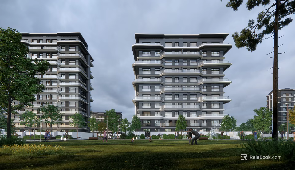 Modern High-Rise Apartment Buildings With Green Lawns Trees And People In Park Area 3d model 