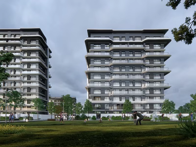 Modern High-Rise Apartment Buildings With Green Lawns Trees And People In Park Area 3d model