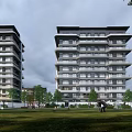 Modern High-Rise Apartment Buildings With Green Lawns Trees And People In Park Area