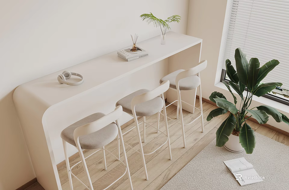 Minimalist Bar Counter With White Surface Three High Stools Light Gray Cushions And Green Plants 3d model 