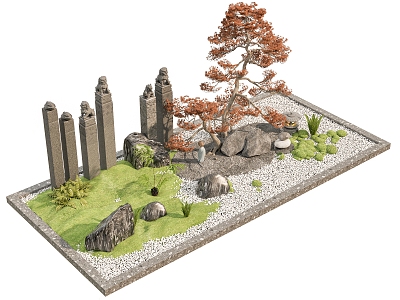 New Chinese Style Modern Micro-terrain Courtyard Landscape Sparch Green Plant Dry Landscape Micro-terrain Tether Horse Pillar Welcome Pine Green Plant Grass 3d model