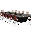 Sleek Modern Conference Table With Black Frame And Ergonomic Rolling Leather Chairs