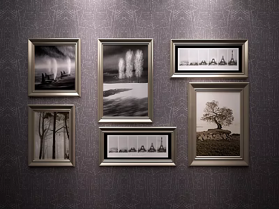 Five Landscape Paintings with Golden Frames on Dark Patterned Wall Featuring Trees and Scenic Views 3d model