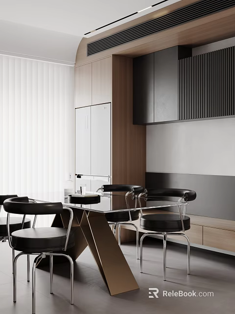 Modern Restaurant Interior Design With Open Kitchen Island And Dining Chairs 3d model