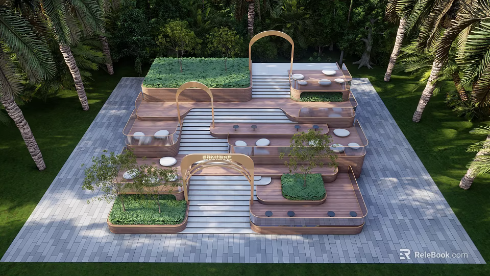 Outdoor Wooden Staircase with Greenery Platforms Round Tables and Palm Trees 3d model 