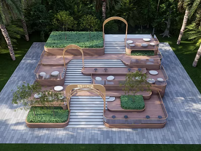 Outdoor Wooden Staircase with Greenery Platforms Round Tables and Palm Trees 3d model