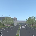 Municipal Road With Two-Way Lanes Green Belts Street Lamps And Cars