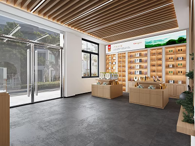 Modern Specialty Store Interior With Wooden Ceiling Glass Windows Display Shelves And Wooden Counters 3d model