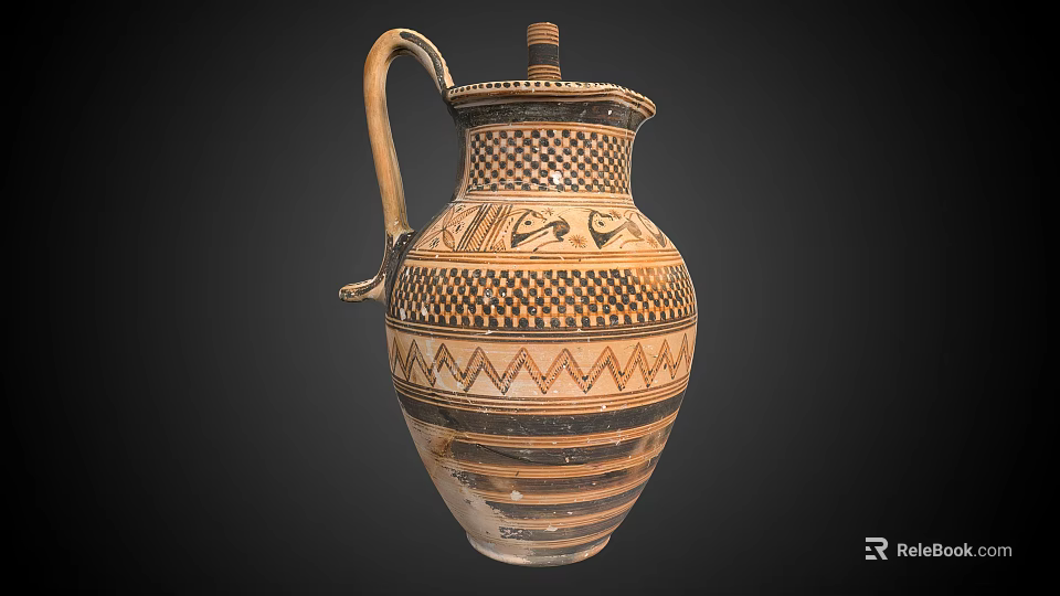 Traditional Ceramic Jug With Intricate Geometric Patterns Brown Black Striped Design Handle And Spout 3d model 