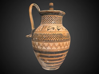 Traditional Ceramic Jug With Intricate Geometric Patterns Brown Black Striped Design Handle And Spout 3d model