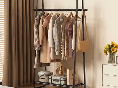 Black Metal Clothes Rack with Hanging Clothes Beige Handbag Storage Boxes Below and Yellow Flowers 3d model