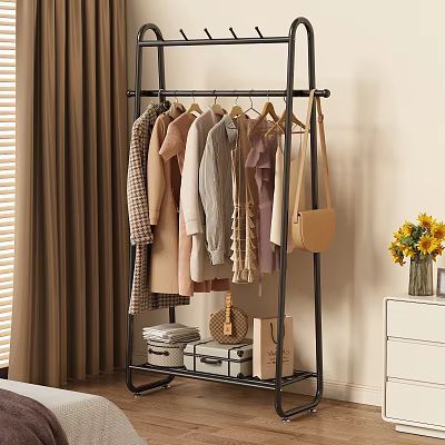 Black Metal Clothes Rack with Hanging Clothes Beige Handbag Storage Boxes Below and Yellow Flowers 3d model
