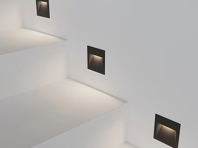 Modern White Staircase With Recessed Black Square Lights Illuminating Steps 3d model