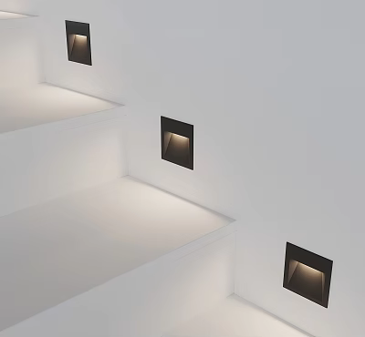 Modern White Staircase With Recessed Black Square Lights Illuminating Steps 3d model