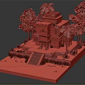 Ancient Temple Model Featuring Palm Trees Green Trees Stone Steps And Water Pond With Lilies