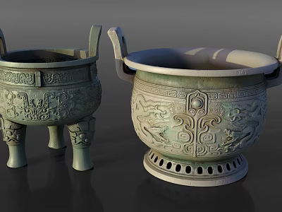Ancient Bronze Cauldron Sculptures With Intricate Dragon Carvings And Traditional Design 3d model