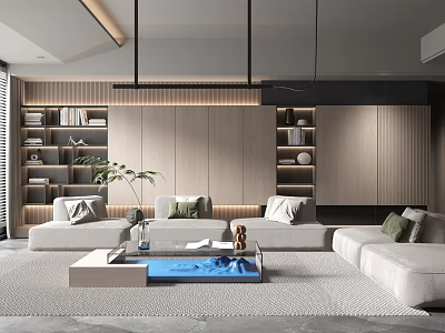Modern Minimalist Living Room Interior With Beige Sofa Wooden Bookshelves And Coffee Table 3d model