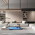 Modern Minimalist Living Room Interior With Beige Sofa Wooden Bookshelves And Coffee Table