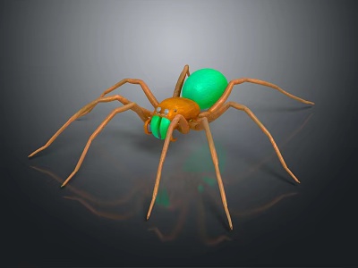 Colorful Spider With Green Body And Orange Legs On Black Background With Reflection 3d model