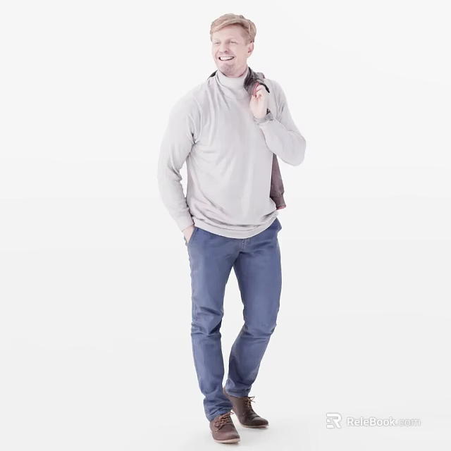 Man In Light Gray Turtleneck Sweater And Blue Jeans With Hands In Pockets Adjusting Collar 3d model 