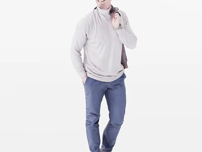 Man In Light Gray Turtleneck Sweater And Blue Jeans With Hands In Pockets Adjusting Collar 3d model