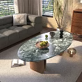 Grey Sofa with Pillow and Oval Marble Top Coffee Table in Modern Living Room