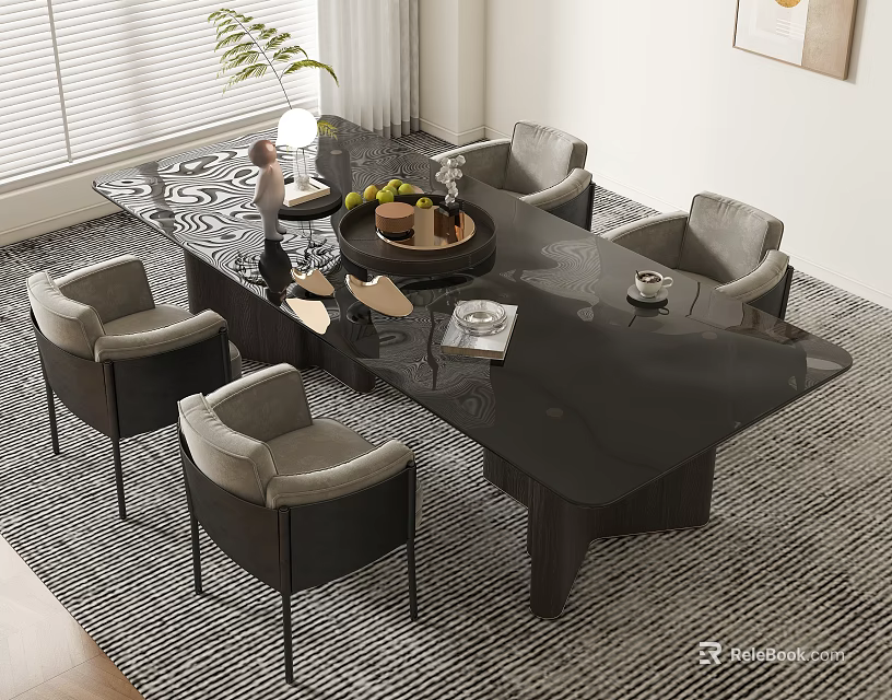 Modern Gray Sofa and Black Coffee Table Set with Decorative Plants and Living Room Magazine 3d model 