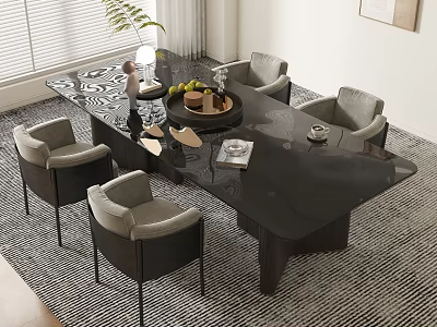 Modern Gray Sofa and Black Coffee Table Set with Decorative Plants and Living Room Magazine 3d model