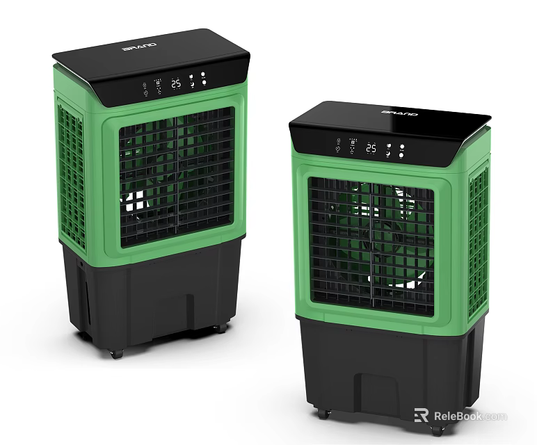 Two Modern Green And Black Air Cooler Fans With Control Panel And Portable Design 3d model 