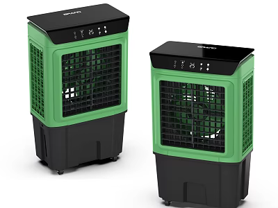 Two Modern Green And Black Air Cooler Fans With Control Panel And Portable Design 3d model