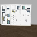 White Storage Cabinet with Glass Doors and Drawers Books and Folders Inside Green Plant Beside