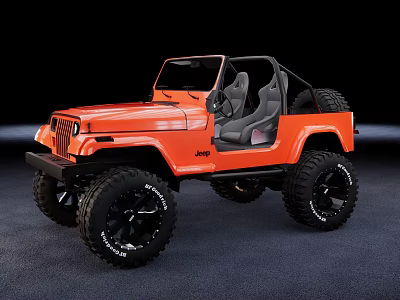 Orange Jeep Open Top Convertible With Large Off Road Tires And Gray Seats 3d model