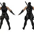 Game Movie Ninja Character in Black Combat Armor with Weapons and Front Back Views 3d model