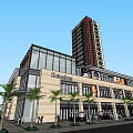 Modern Commercial Street With Pedestrians Outdoor Seating Billboards Palm Trees And High Rise Buildings