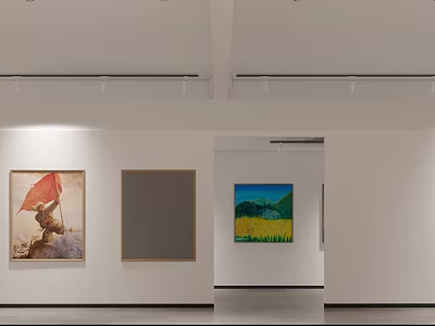 Art Exhibition Hall Interior Featuring Paintings On White Walls And Spotlight Illumination 3d model