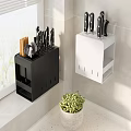 Black Kitchen Knife Block With Knives Chopsticks And Cutting Board On Light Countertop