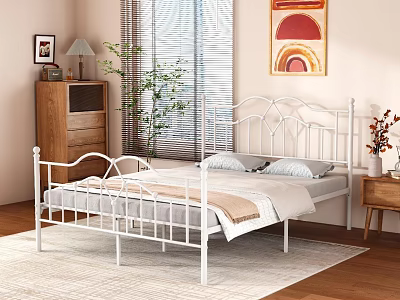 White Metal Frame Double Bed With Pillows Sheets Wooden Floor Rug And Bedroom Decor 3d model