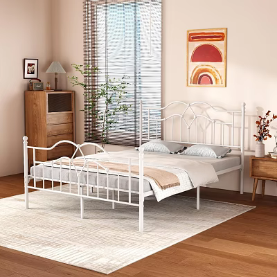 White Metal Frame Double Bed With Pillows Sheets Wooden Floor Rug And Bedroom Decor 3d model
