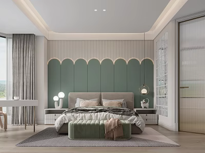 Elegant Modern Bedroom Interior With Green Scalloped Wall Nightstands Lamps And Velvet Bench Rug 3d model
