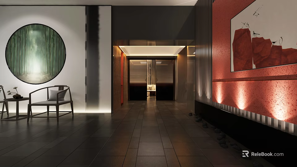 Elegant Modern Chinese Clubhouse Interior With Corridor Lighting Decorative Paintings And Stone Flooring 3d model 