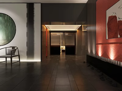 Elegant Modern Chinese Clubhouse Interior With Corridor Lighting Decorative Paintings And Stone Flooring 3d model