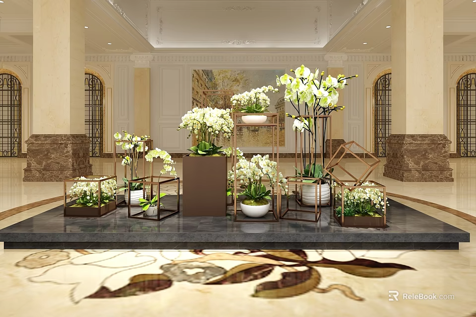 Elegant Floral Display Featuring White Orchids On Decorative Stands In Grand Hall With Marble Floor 3d model 